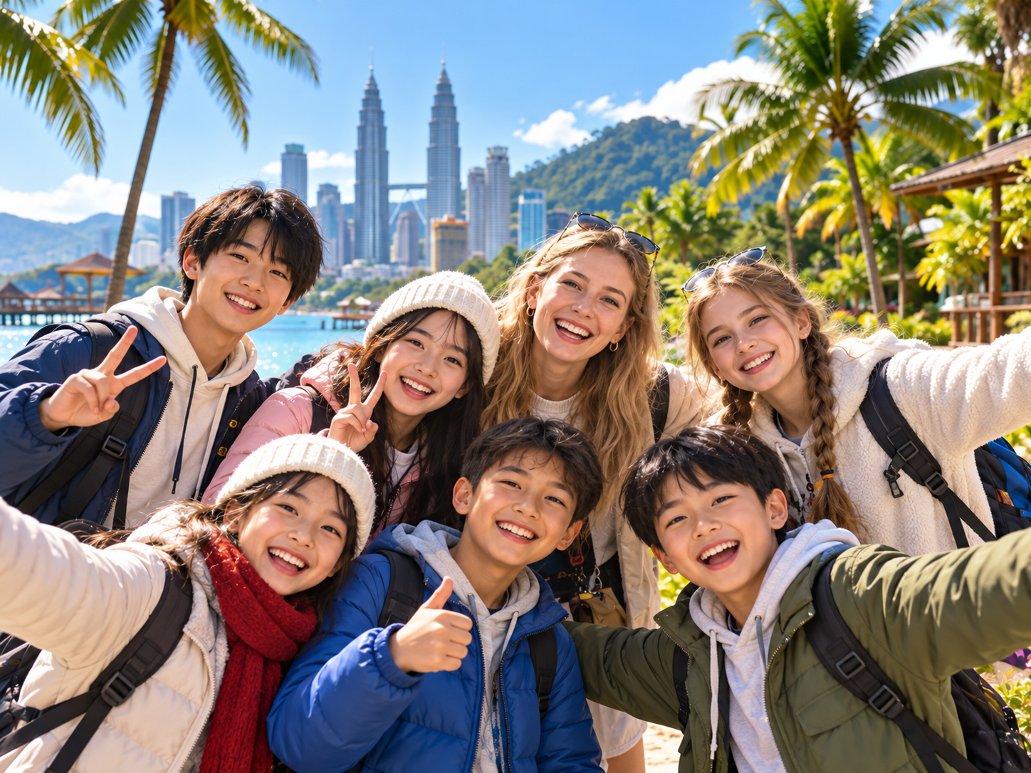 Children and teacher enjoying winter camp in sunny Malaysia